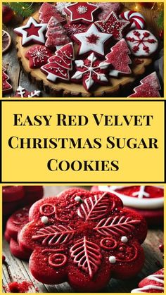 Create gorgeous red velvet sugar cookies decorated with festive frostings and sprinkles. Simple recipe for show-stopping Christmas treats! #RedVelvetCookies #ChristmasBaking #SugarCookies #HolidayDesserts #CookieArt Red Velvet Sugar Cookies Recipe, Red Velvet Shortbread Cookies, Sugar Christmas Cookies, Red Velvet Sugar Cookies, Velvet Sugar Cookies, Holiday Cookies Decorated, Easy Red Velvet, Red Velvet Christmas, Easy Holiday Cookies