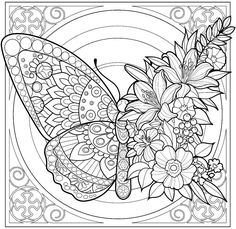 a butterfly with flowers and swirls on it's wings is shown in this coloring page