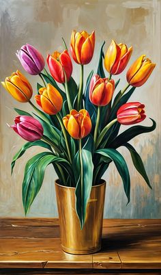 a painting of colorful tulips in a gold vase