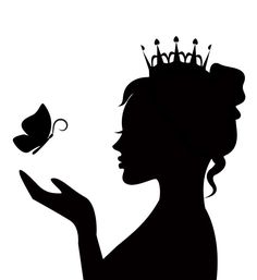 the silhouette of a woman with a butterfly in her hand and a tiara on her head