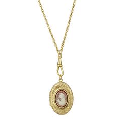 A style popularized by Queen Victoria, this timeless vintage inspired double locket necklace from 1928 will add a beautiful touch to any ensemble. Featuring a simulated carnelian and ivory color cameo set on an etched gold tone frame, this is sure to become a favorite piece in your jewelry collection. A style popularized by Queen Victoria, this timeless vintage inspired double locket necklace from 1928 will add a beautiful touch to any ensemble. Featuring a simulated carnelian and ivory color ca Classic Locket Necklace For Vintage Collection, Classic Cameo Necklace With Oval Pendant, Victorian Oval Locket Necklace With Vintage Charm, Classic Oval Locket Necklace With Vintage Charm, Vintage Oval Cabochon Locket Jewelry, Classic Vintage Charm Locket Necklace Collectible, Oval Victorian Locket Necklace With Vintage Charm, Victorian Locket Necklace With Oval Pendant, Vintage Oval Locket Necklace With Charm