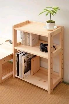 a wooden shelf with books, magazines and a potted plant sitting on top of it