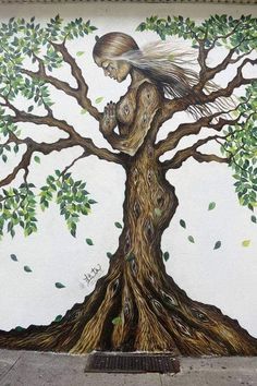 a painting of a woman sitting on top of a tree