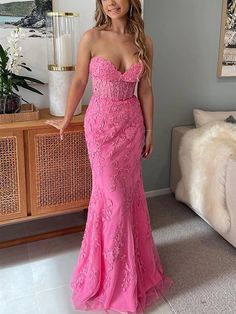 Long Mermaid Sweetheart Lace Prom Dress Fuchsia Formal Evening Gowns-BIZTUNNEL Prom Dress 2023, Kids Prom Dresses, 2023 Prom, Strapless Evening Dress, Prom 2023, Tulle Sleeves, Pink Formal Dresses, Sweetheart Prom Dress, Prom 2024