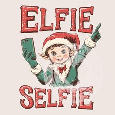 the elf is holding up his phone while wearing a santa hat and pointing at it