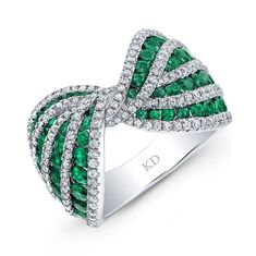 HIGH QUALITY NATURAL COLOR 18K WHITE GOLD ROUND EMERALD BOW TIE DIAMOND BAND COMPLEMENTED WITH ROUND WHITE DIAMONDS, FEATURES 2.73 CARAT TOTAL WEIGHT | Pinter Gemstones Tie Ring, Blue Sapphire Jewelry, Silver Heart Ring, Bow Brooch, Bow Ring, Emerald Jewelry, Sapphire Jewelry, Gorgeous Jewelry, Diamond Band