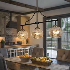 a dining room table that has some fruit on it