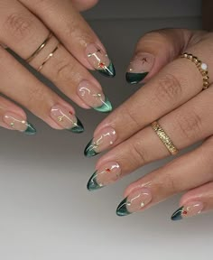 velvet green french nails Opposite Hands Nails, Modern Minimalist Nails, Heart Chakra Nails, Gemstone Inspired Nails, Morocco Inspired Nails, Nails With Art Work, Summer Nails Gems, Fairy Almond Nails, Multiple Design Nails