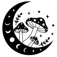 two mushrooms sitting on the moon with stars in the night sky, black and white illustration