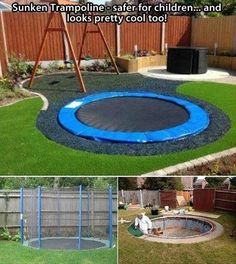 a backyard with artificial grass and a blue trampoline in the center, next to a wooden swing set