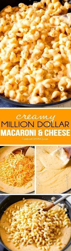 macaroni and cheese being cooked in a skillet with the words million dollar macaroni and cheese