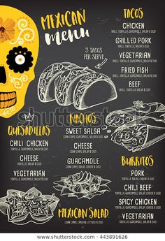 mexican food menu on blackboard with hand drawn skull and other items for the day of the dead