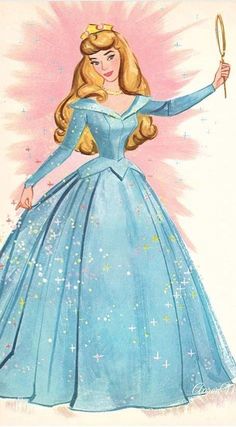 a drawing of a woman in a blue dress holding a wand and wearing a tiara