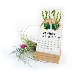 a calendar sitting on top of a wooden stand next to a flower pot and plant