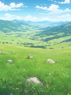 an anime landscape with grass, rocks and flowers in the foreground on a sunny day