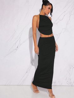 Halter Tie Backless Top & Skirt Set Black Sexy   Knitted Fabric Plain  High Stretch  Women Clothing, size features are:Bust: ,Length: ,Sleeve Length: Sleek Black Party Maxi Skirt, Black Wedding Outfit, Fitted Black Satin Maxi Skirt, Black Sleek Fitted Maxi Skirt, Black Fitted Maxi Skirt With Split, Sleek Luxury Black Maxi Skirt, Bestie Hangout, Athleisure Aesthetic, College Outfits Fall