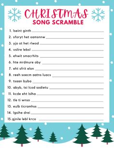 christmas song scramble with snowflakes and trees