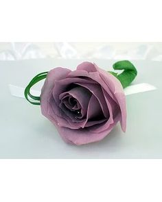 a single purple rose is sitting on a white surface