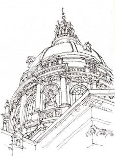 a drawing of a building with a steeple on top