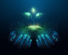 two hands are holding a plant with glowing leaves on it, and the image is in blue