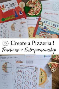 some pizzas and other items on a table with the words create a pizza fraction