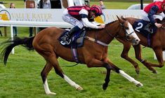 two jockeys are riding their horses on the track at a horse race event in england