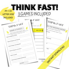 three game cards with the words think fast and 3 games included in yellow, black and white