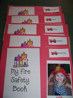 the fire safety book has pictures of children's houses and trucks on it, as well as an image of a fire truck