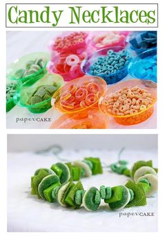 candy necklaces with different colors and designs on them are shown in the same image