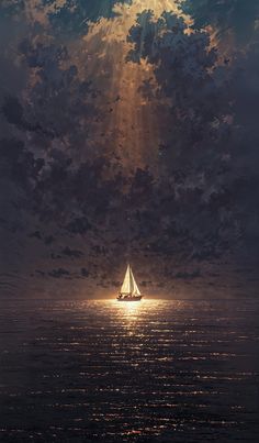 a sailboat floating in the ocean under a cloudy sky with sunbeams and clouds