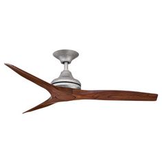 a ceiling fan with wooden blades and a white light on the blade is shown in front of a white background