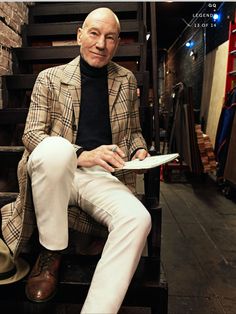 Patrick Stewart, What To Wear Today, Plaid Coat, Men Looks, Mens Fashion Casual, Gq, White Jeans, A Man, What To Wear