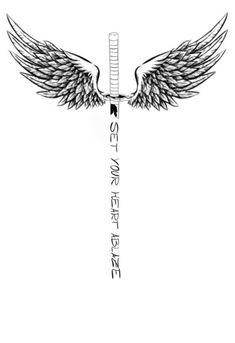 an angel wing with the words set on fire written below it and two arrows pointing upward