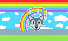 a cartoon wolf with a rainbow in the background