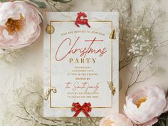 an elegant christmas party card with red ribbon and bows on it, surrounded by pink flowers