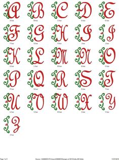 the alphabet is decorated with red and green swirly letters, all in different styles