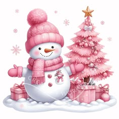 a snowman next to a pink christmas tree