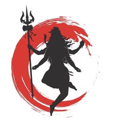 the silhouette of a woman holding a spear and standing in front of a red circle