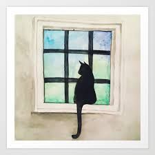 a painting of a black cat sitting on a window sill looking out the window