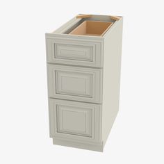 a white cabinet with two drawers on the bottom and an open drawer in the middle