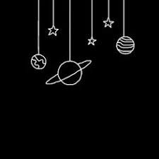 a black and white drawing of planets hanging from strings with stars on the string above them