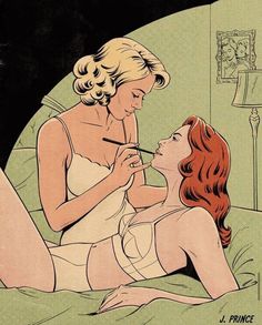 an illustration of a woman brushing her teeth next to another woman laying on the bed