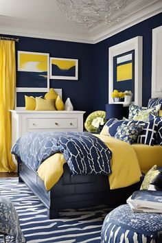 Find sophisticated solutions for your bedroom decor with navy blue and yellow paint colors. Elegance redefined. 🌟 #SophisticatedBedrooms #NavyAndYellow #PaintColors #HomeStyle #DecorGoals Color Block Room, Colorful Bedrooms, Bedroom Solutions, Blue Bedroom Walls, Yellow Paint Colors, Sophisticated Bedroom