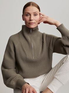 Made in our Soft Rib Knit, this statement half-zip pullover draws inspiration from the Carmen with a boxy silhouette. Balloon sleeves and a directional rib pattern elevate the design. Build A Wardrobe, Athleisure Wear, Edgy Look, Half Zip Pullover, Pullover Designs, Knit Pullover, Sweaters Knitwear, Ribbed Sweater, Balloon Sleeves