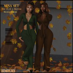 two black women standing next to each other in front of autumn leaves and the words mia set top v - 12 & bottom