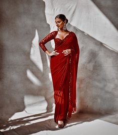 Wine Red Saree For Farewell, Red Saree Party Wear, Saree With Full Sleeve Blouse, Glam Saree, Red Sequin Saree, Full Sleeves Blouse, Party Saree, Suit Blouse, Red Sari