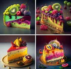 four pictures of different types of cake with fruit toppings on top and in the middle