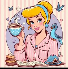 a woman is holding a cup of coffee and reading a book with a bird on her shoulder