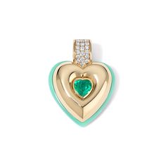 This captivating heart charm is designed to make a bold statement. Featuring a emerald green center stone and layers of gold and mint opal, it promises to be eye-catching and unique. 14K Yellow Gold Emerald weight = 0.87 carats Mint Opal weight = 0.87 carats Diamond weight = 0.42 carats Diamond bail opens Heart pendant = 3.5cm x 3.5mm, 1cm thick Charm can be purchased on its own or on a 16in chain Emerald Heart Charm Jewelry, Green 14k Gold Heart Jewelry, Green Heart-shaped 14k Gold Jewelry, Green Emerald Heart Pendant Jewelry, Heart Cut Emerald Jewelry In Yellow Gold, Green Heart-shaped Birthstone Jewelry, Green Heart-shaped Jewelry For Anniversary, Green Heart-shaped Anniversary Jewelry, Heart-shaped Yellow Gold Emerald Jewelry