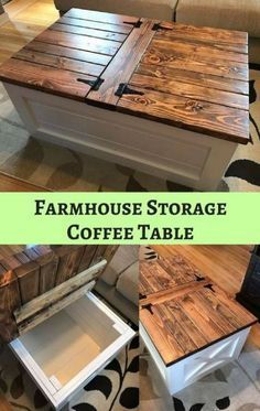 the coffee table is made out of pallet wood and has an open drawer for storage